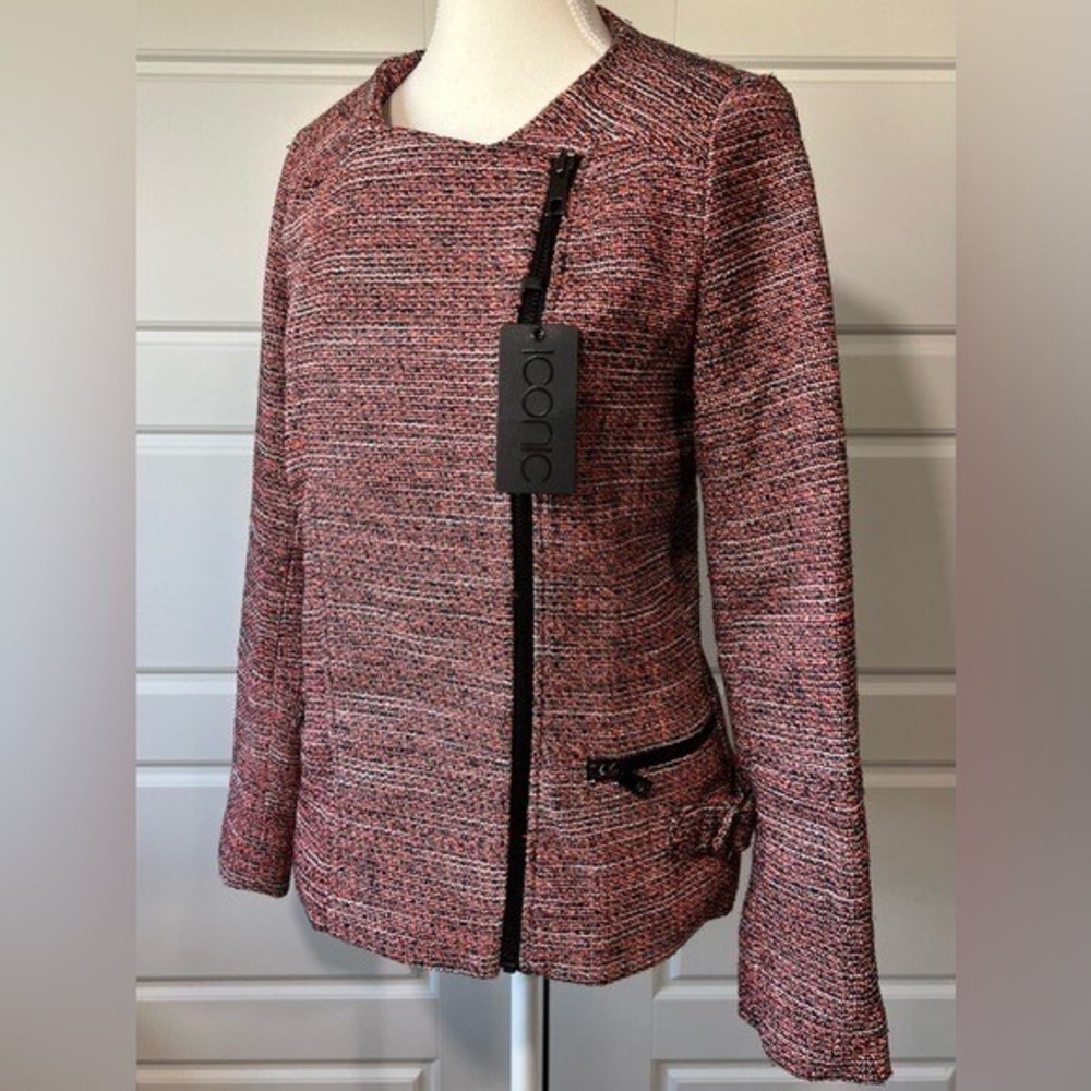 NWT Iconic Trend Asymmetric Zip Jacket Women 12 Black Neon Orange Tweed Moto - Picture 3 of 14